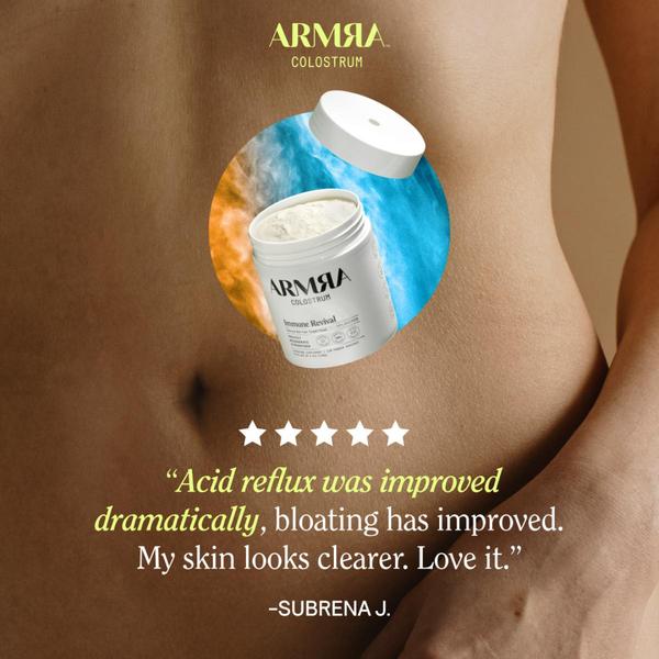 A testimonial-based ad featuring a customer quote about health improvements alongside a product shot of Armra Colostrum.